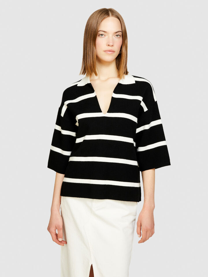 Striped maxi polo - women's v-neck sweaters - Black | Sisley image number 4